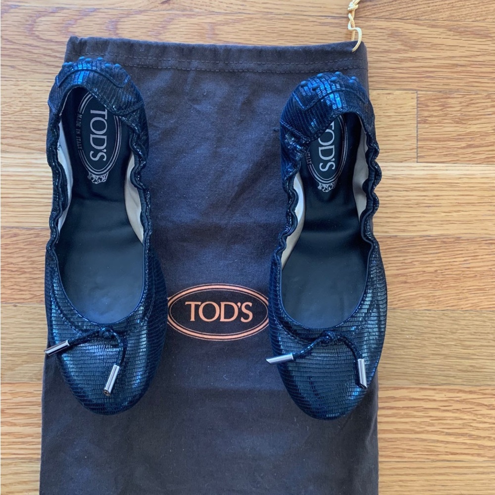 NWOB Tod’s Lacette Womens Patent Black Tassel Front Ballet Flats Shoes Sz 37 7 - Picture 11 of 11